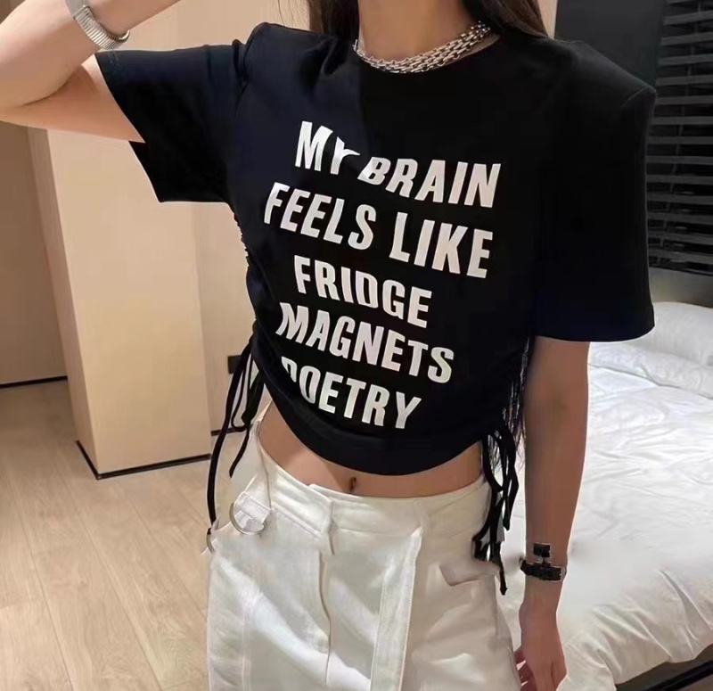 Short sleeve drawstring tops letters T-shirt for women