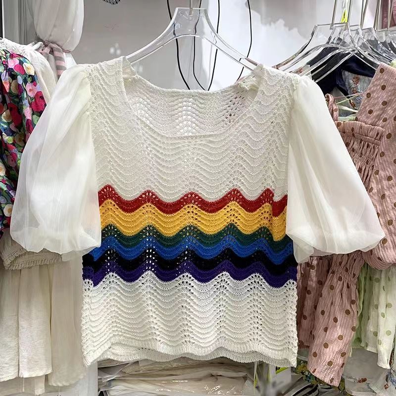 Stripe short small shirt puff sleeve hollow tops for women