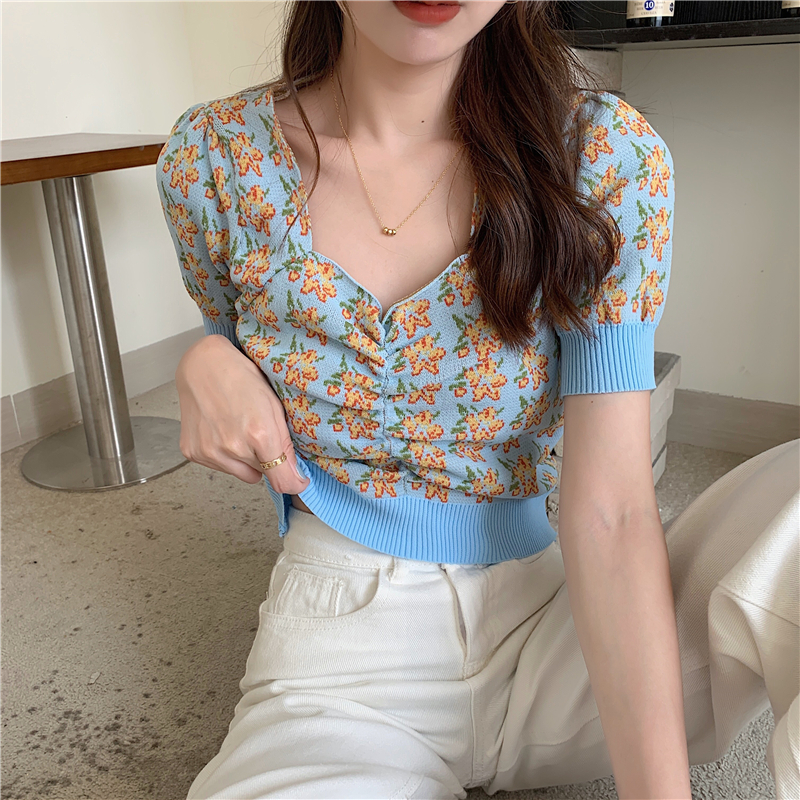 Puff sleeve short tops knitted square collar T-shirt
