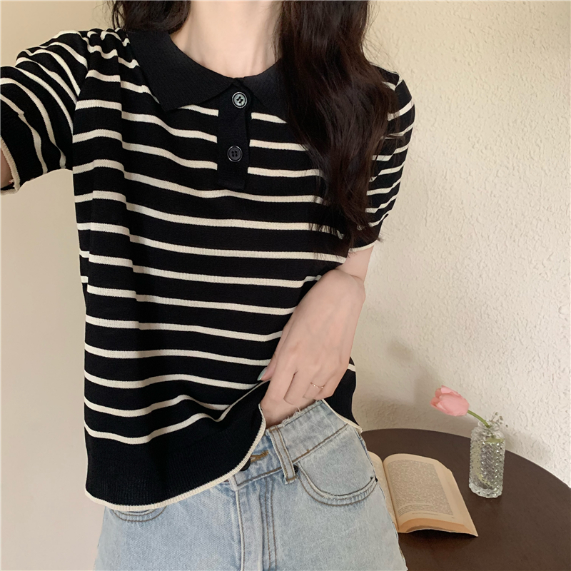 Summer stripe sweater short sleeve tops for women