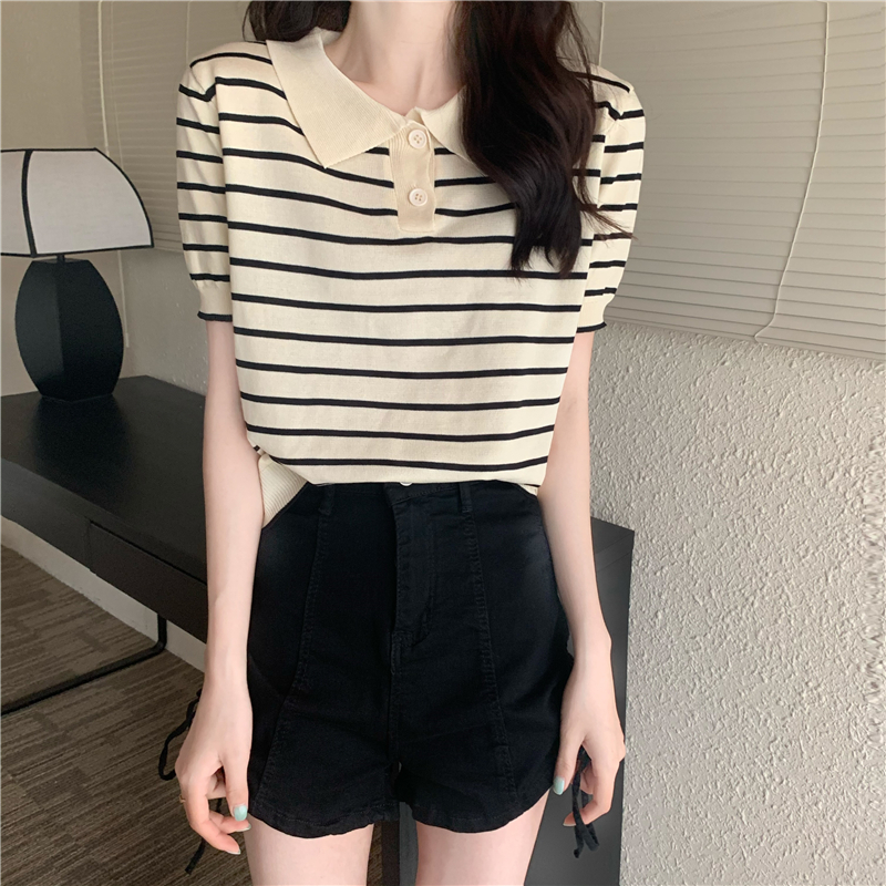 Summer stripe sweater short sleeve tops for women