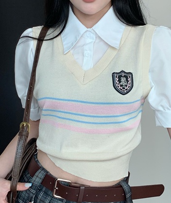 Knitted college style splice Pseudo-two tops