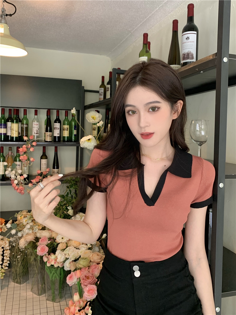 Mixed colors slim summer lapel all-match knitted tops