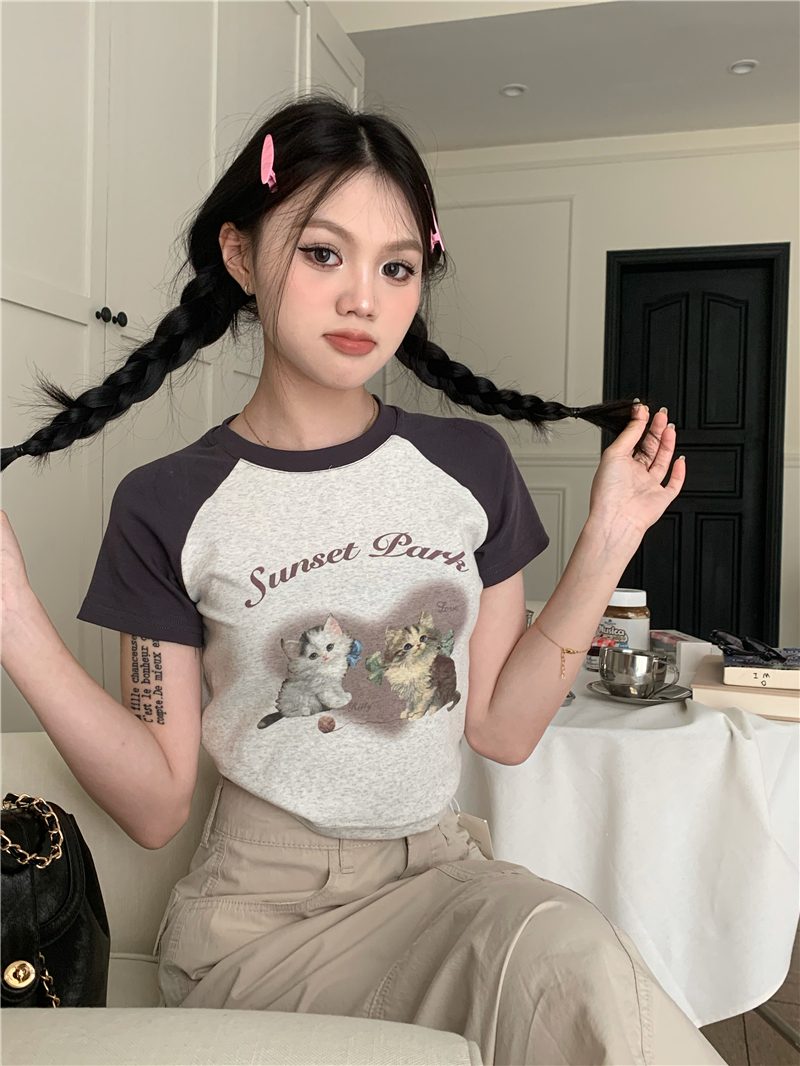 Retro raglan cat short sleeve printing T-shirt