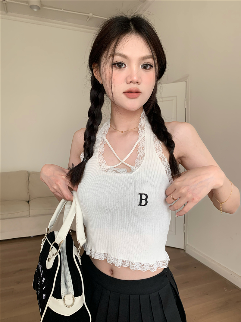 Lace embroidery knitted halter letters vest