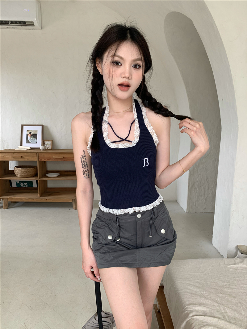 Lace embroidery knitted halter letters vest