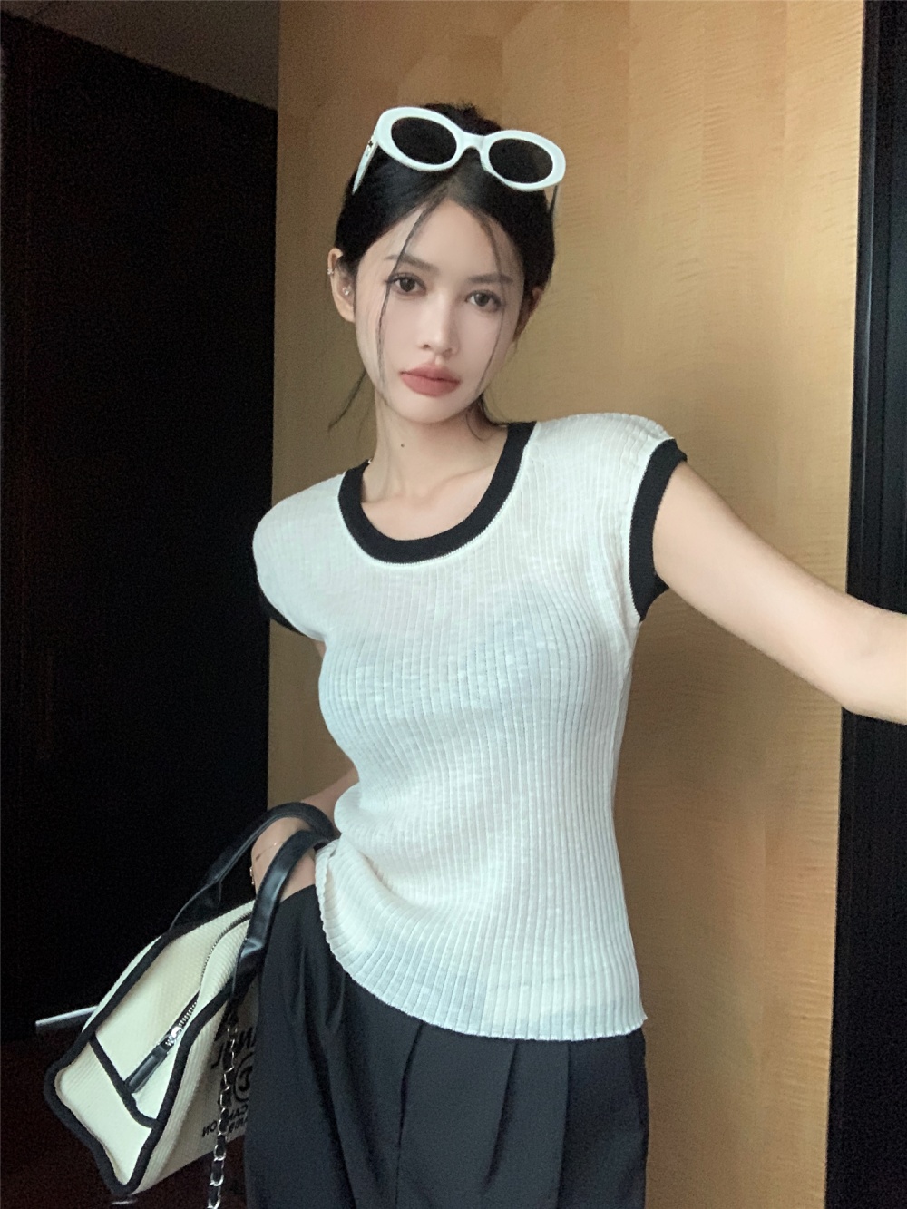 Round neck mixed colors sweater short sleeve tops