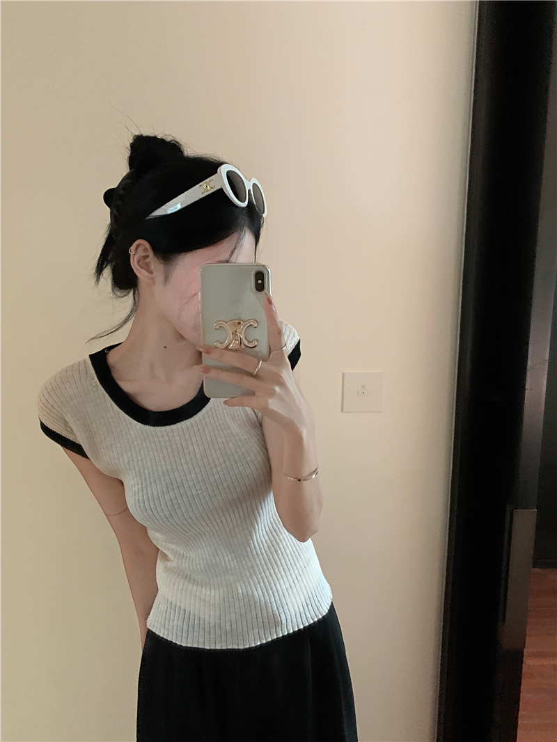 Round neck mixed colors sweater short sleeve tops