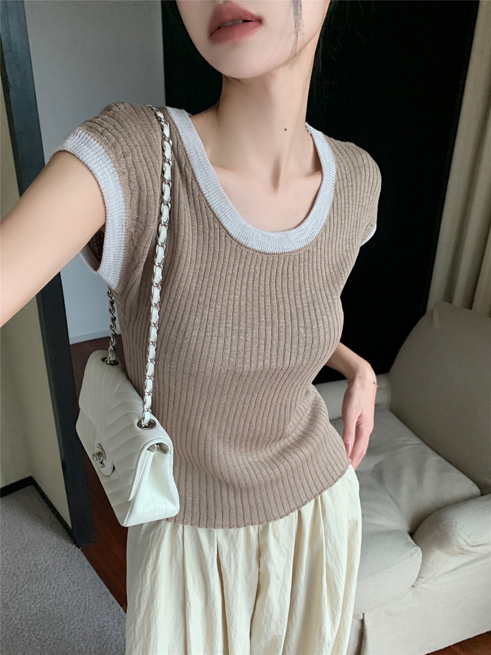 Round neck mixed colors sweater short sleeve tops