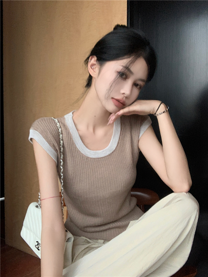 Round neck mixed colors sweater short sleeve tops