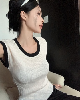 Round neck mixed colors sweater short sleeve tops