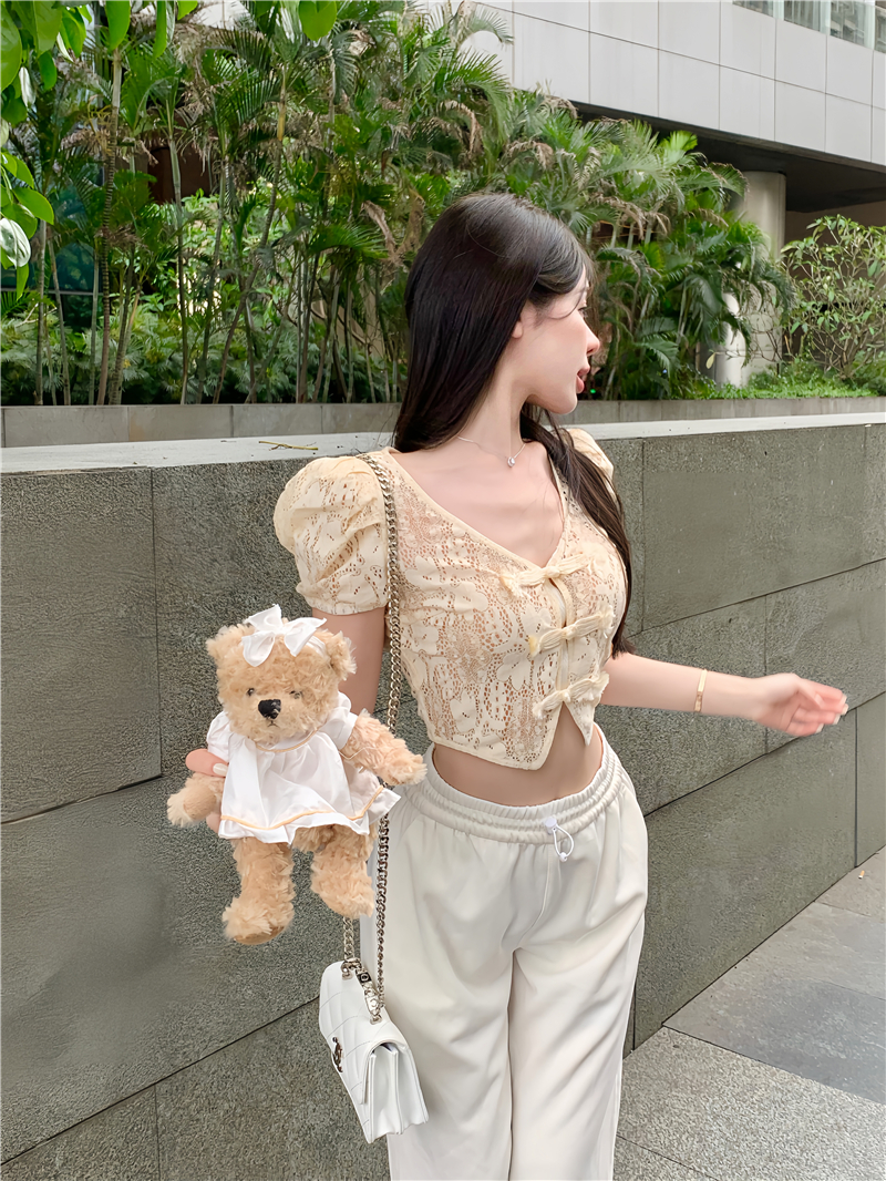 Lace puff sleeve Chinese style summer tops for women