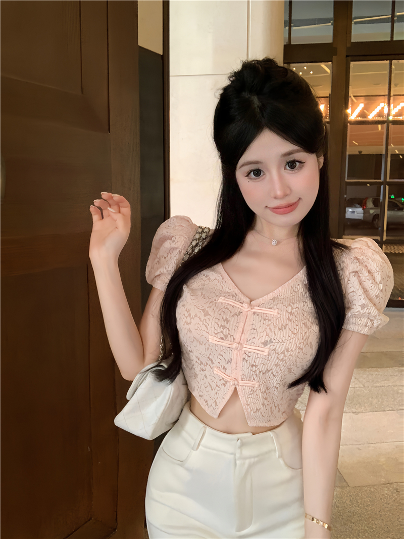 Lace puff sleeve Chinese style summer tops for women