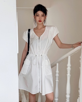 Pinched waist summer work clothing Casual V-neck dress