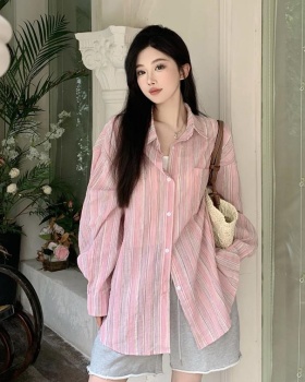 Pink loose long sleeve coat summer stripe tops for women