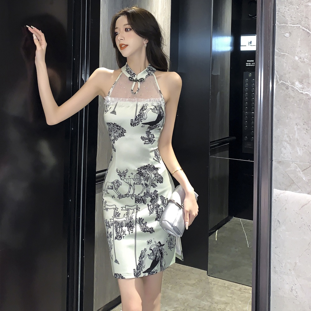 Split slim splice dress halter perspective sexy cheongsam