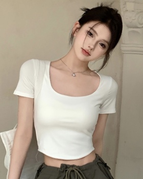 U-neck slim T-shirt arc short bottoming shirt for women