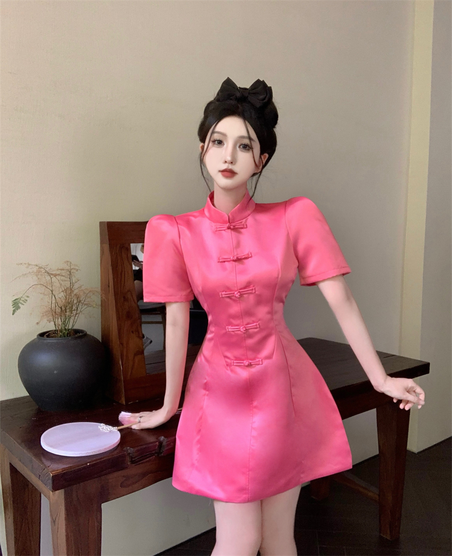 Chinese style puff sleeve cheongsam cstand collar summer dress
