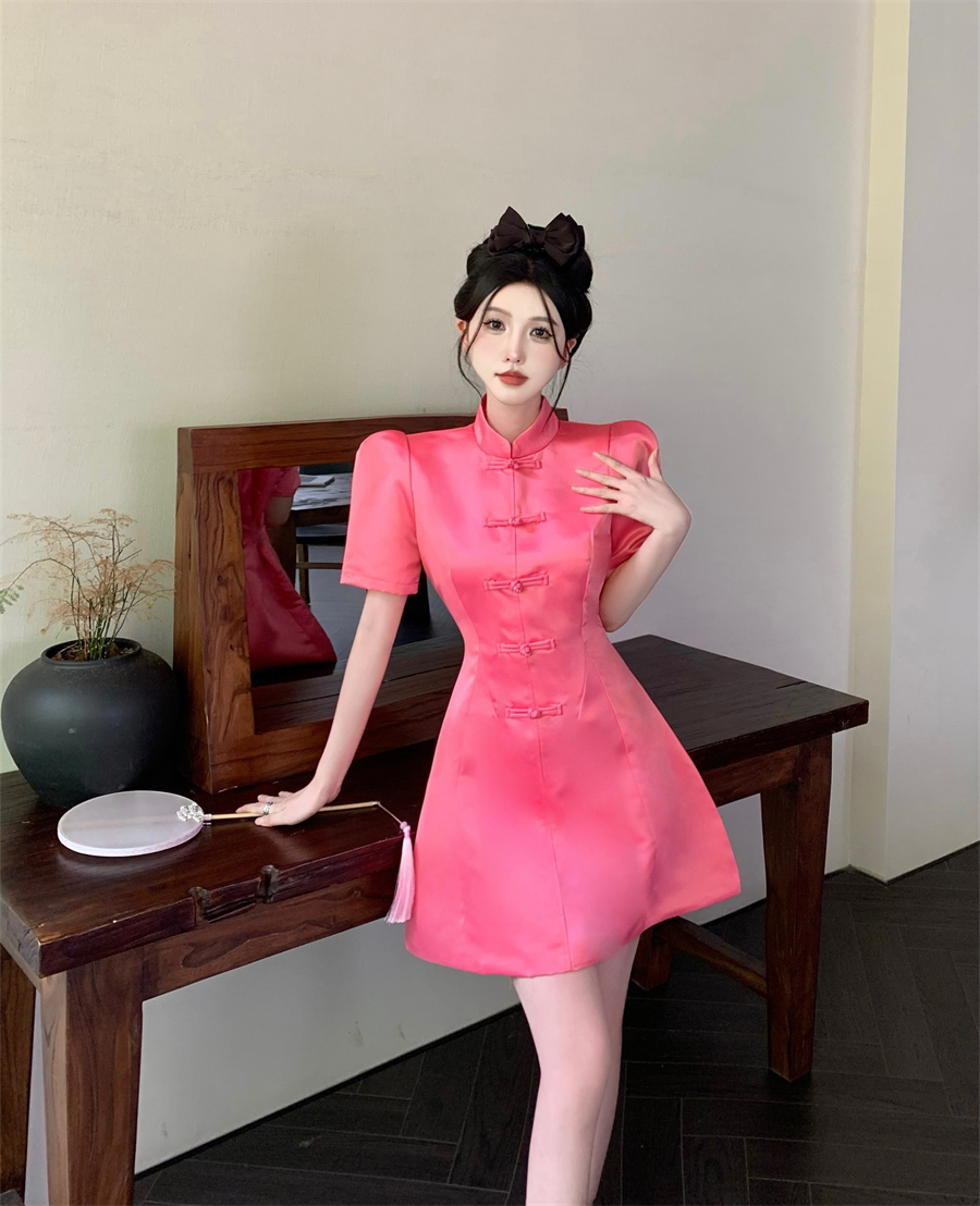 Chinese style puff sleeve cheongsam cstand collar summer dress
