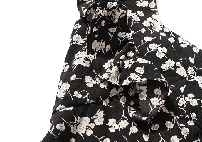Rose lotus leaf edges black floral long dress for women