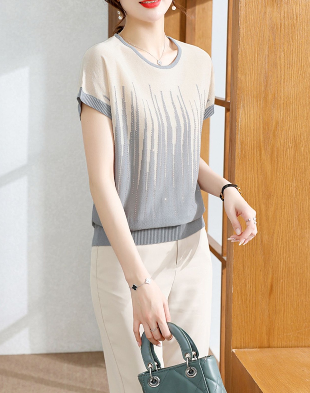 Middle-aged summer shirts ice silk tops a set for women