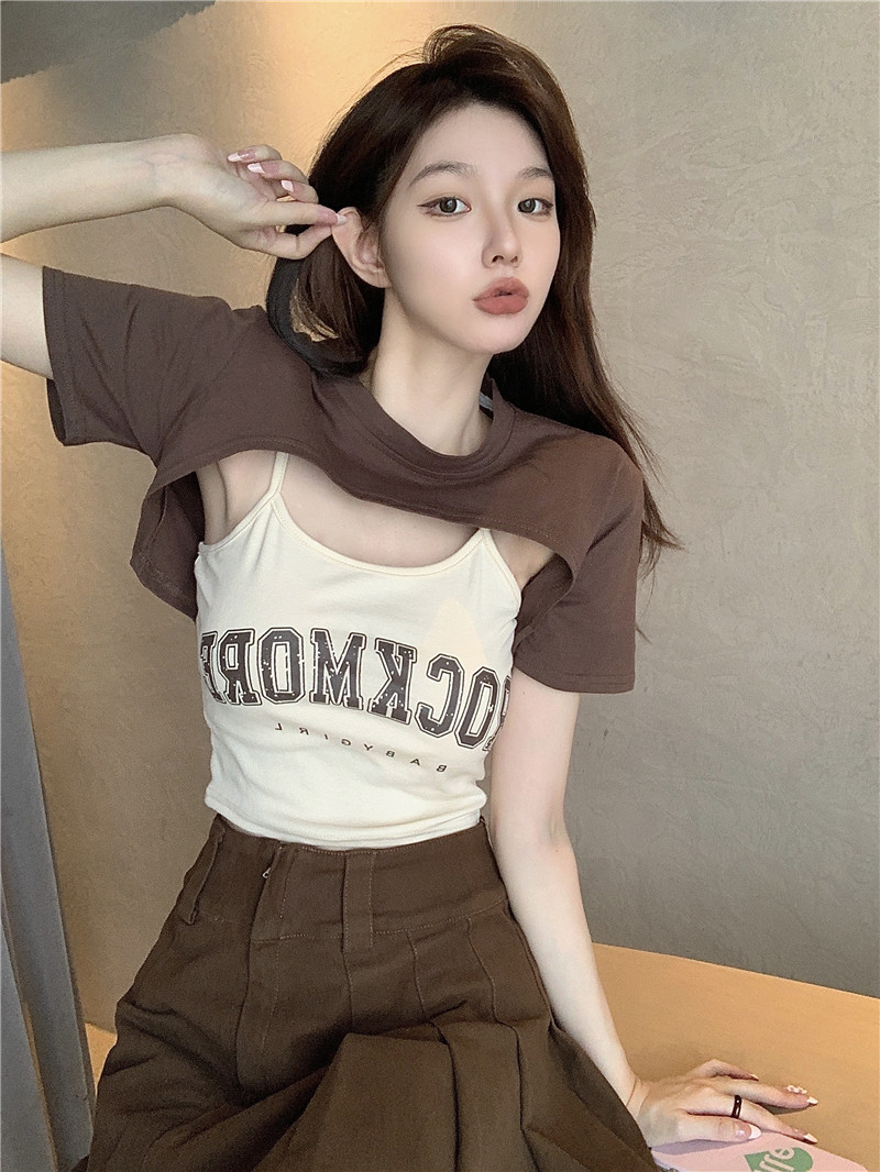 Sling summer all-match shawl sexy Casual brown tops 2pcs set