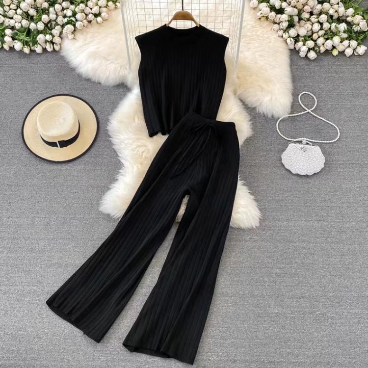 Mopping tops knitted wide leg pants 2pcs set for women