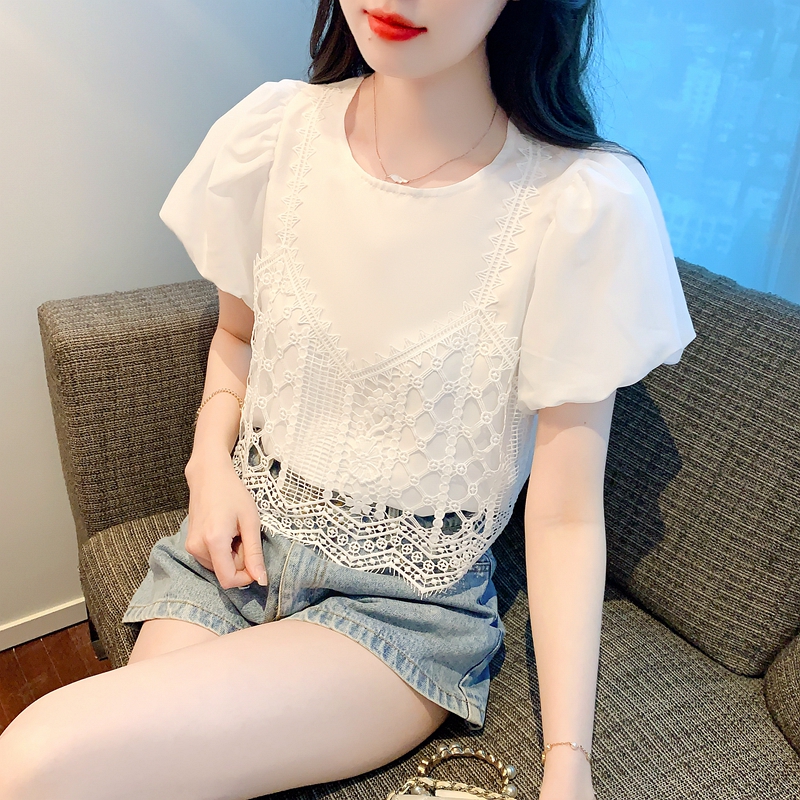 Lace short Pseudo-two tops short sleeve summer T-shirt