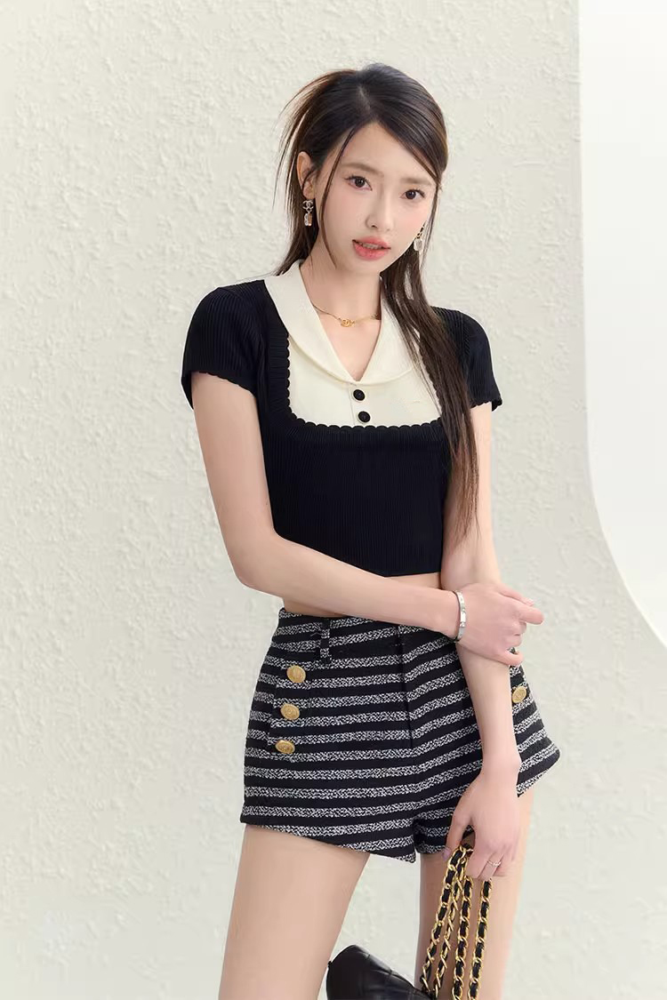 Crescent short knitted T-shirt pullover Pseudo-two tops