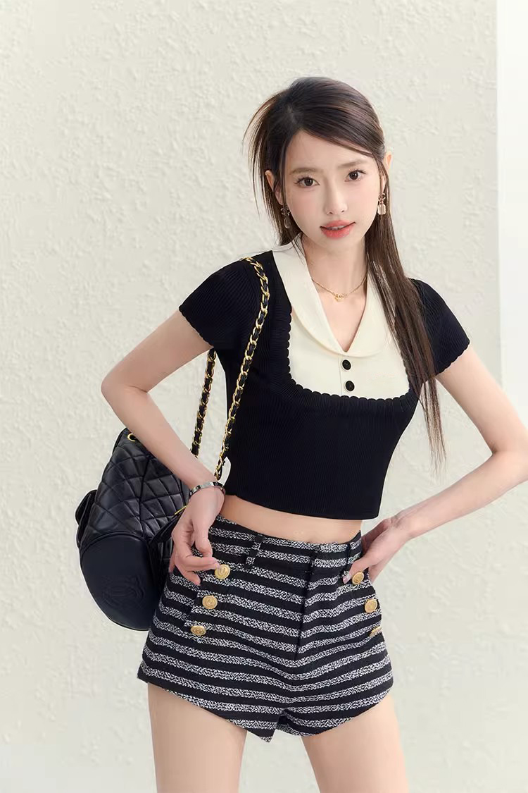 Crescent short knitted T-shirt pullover Pseudo-two tops