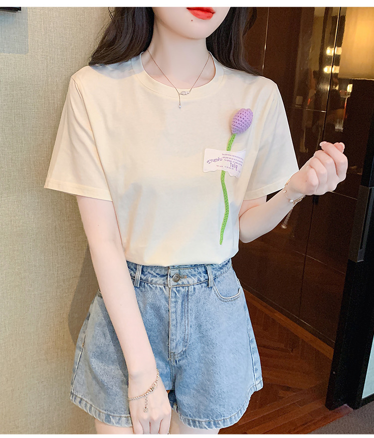 Stereoscopic pure cotton tops flowers T-shirt for women
