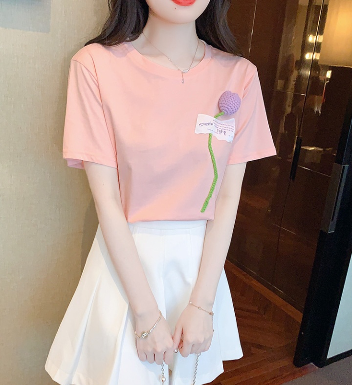 Stereoscopic pure cotton tops flowers T-shirt for women