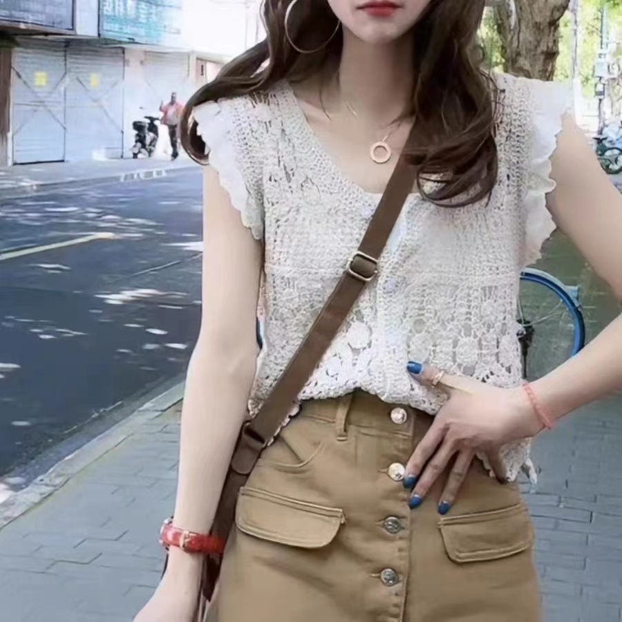 Crochet Korean style single-breasted hollow tops for women