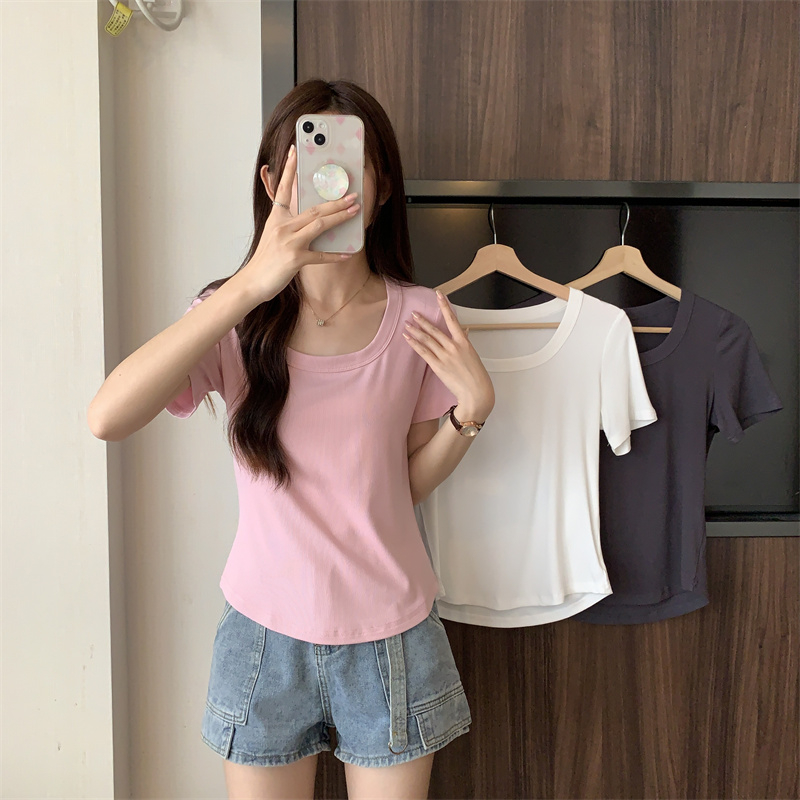 Square collar short clavicle pink tops for women