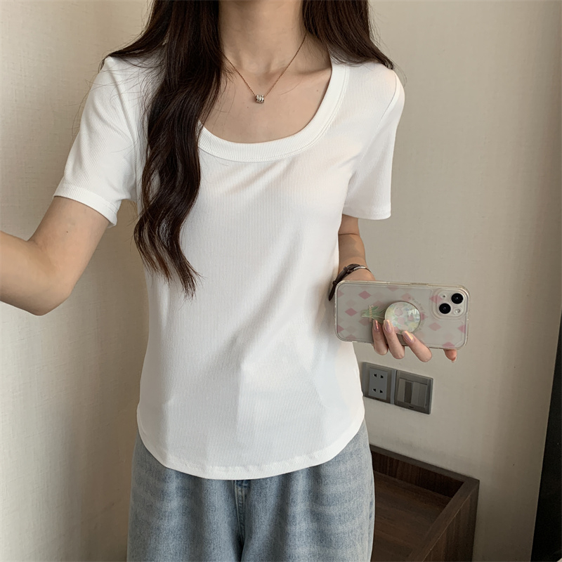 Square collar short clavicle pink tops for women