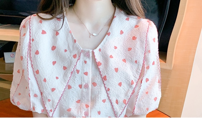 Heart sweet polka dot tops slim puff sleeve shirt for women
