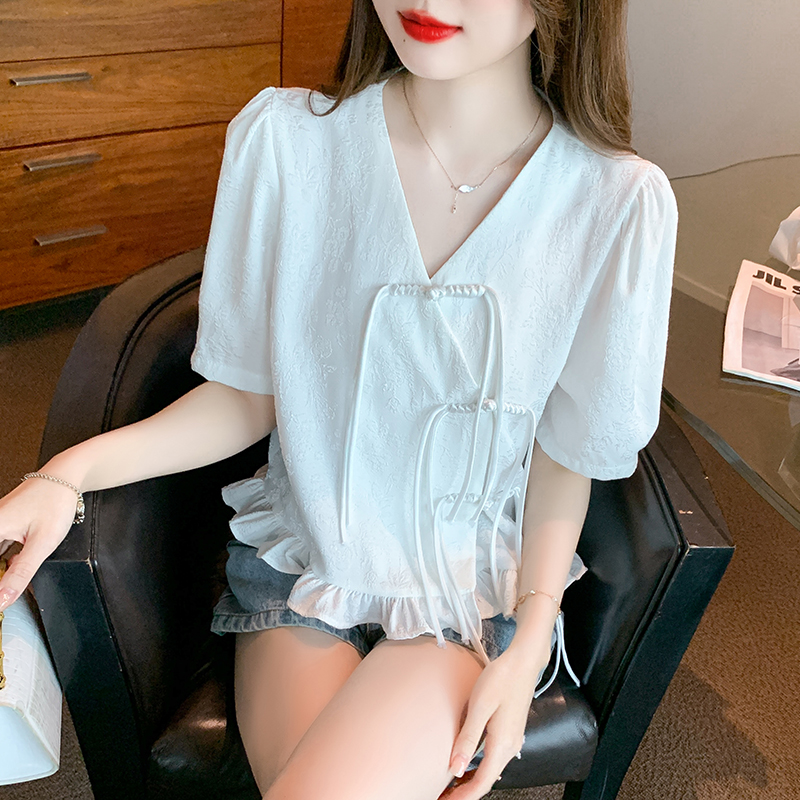 All-match V-neck tops summer Chinese style shirt