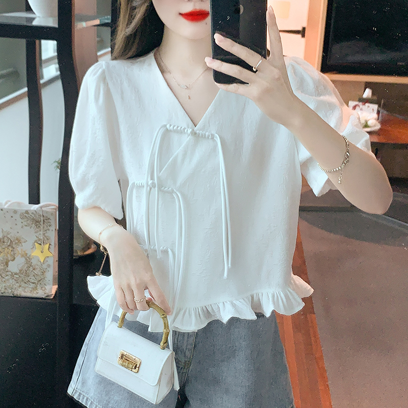 All-match V-neck tops summer Chinese style shirt