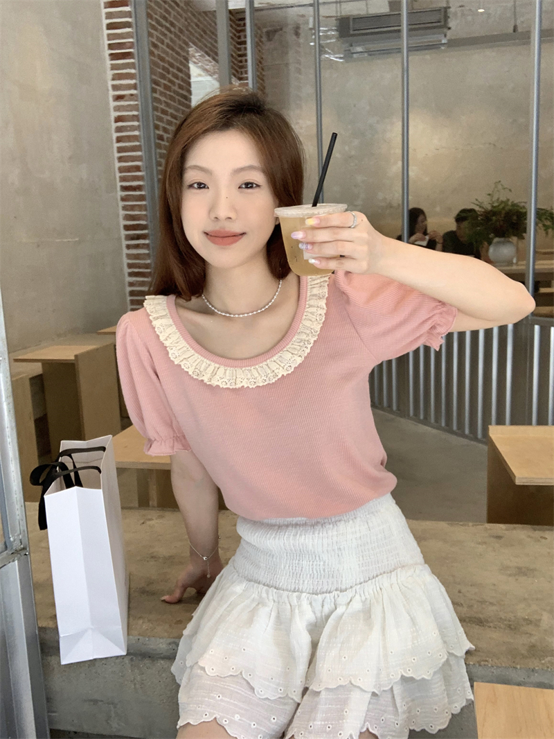 Pink short short sleeve tops summer lace T-shirt