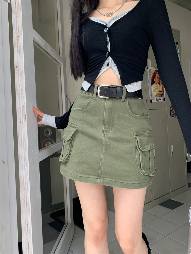 Stereoscopic olive-green work clothing with belt short skirt