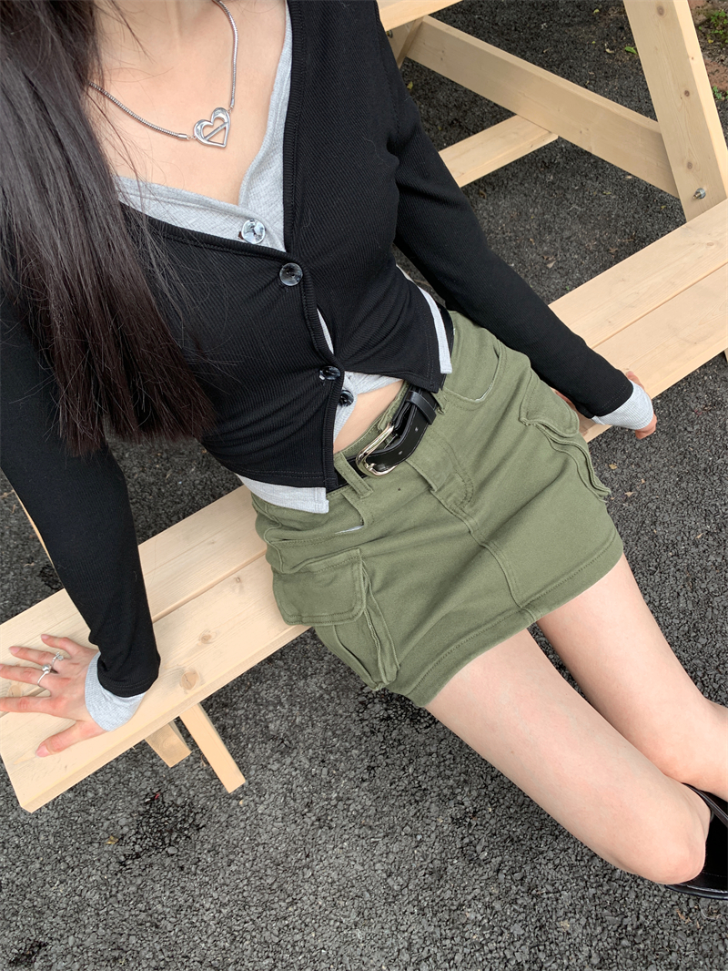 Stereoscopic olive-green work clothing with belt short skirt