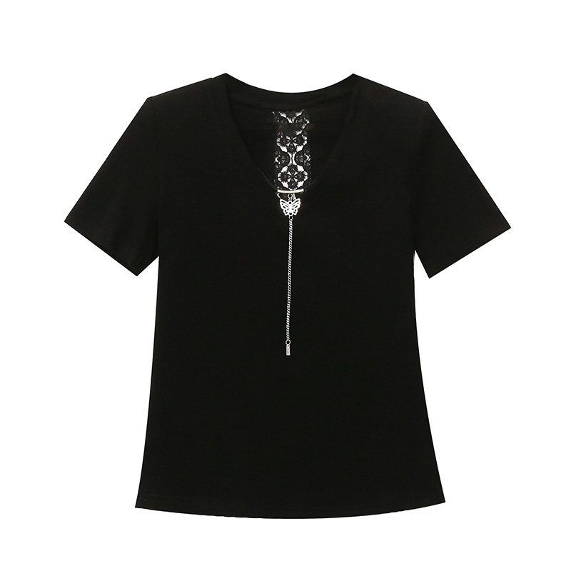 Short sleeve beauty back V-neck splice chain fashion T-shirt