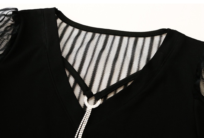 Slim V-neck stripe rhinestone summer chain T-shirt