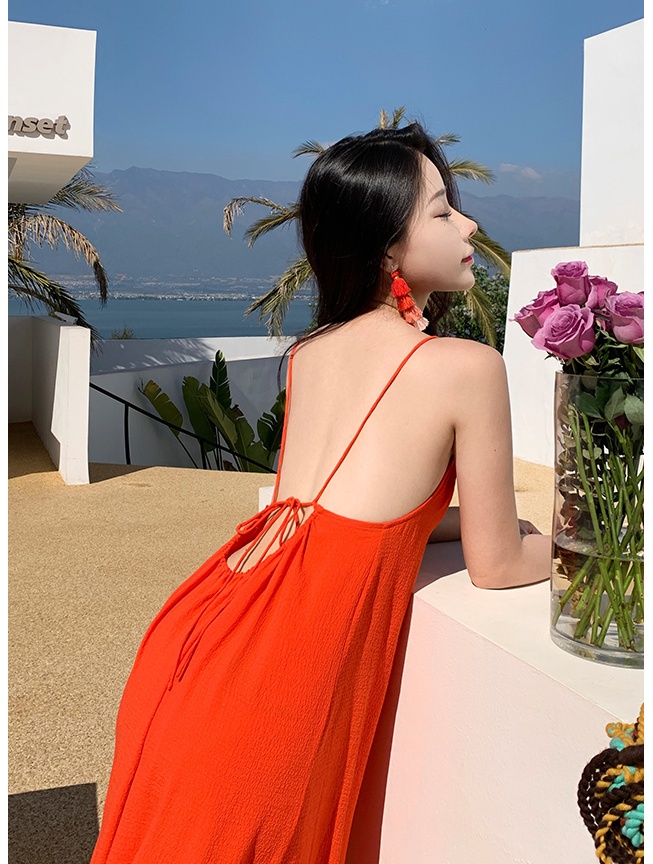 Halter vacation summer red bubble cotton dress