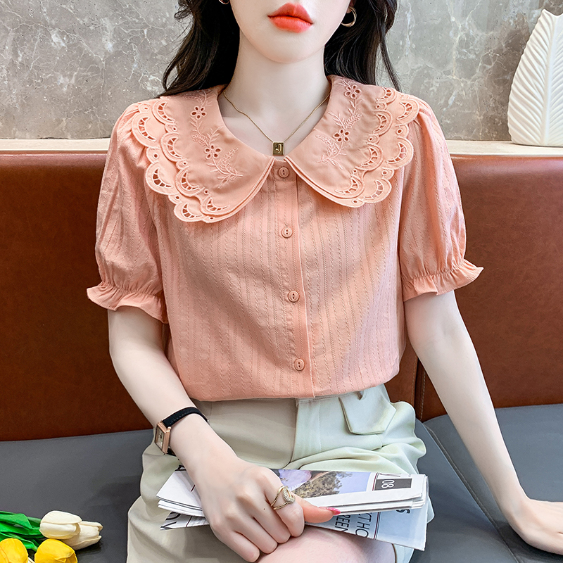 Double collar puff sleeve shirt lace tops for women