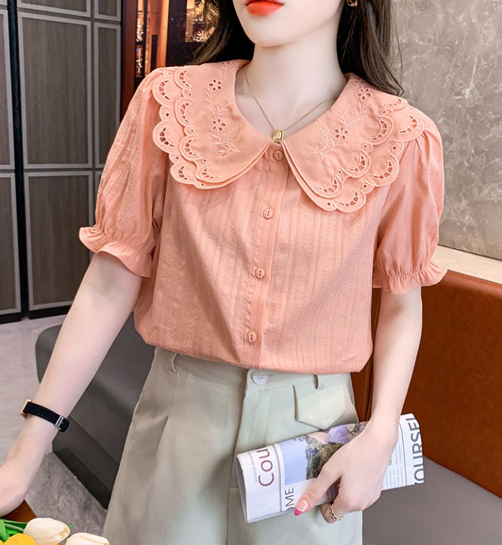Double collar puff sleeve shirt lace tops for women