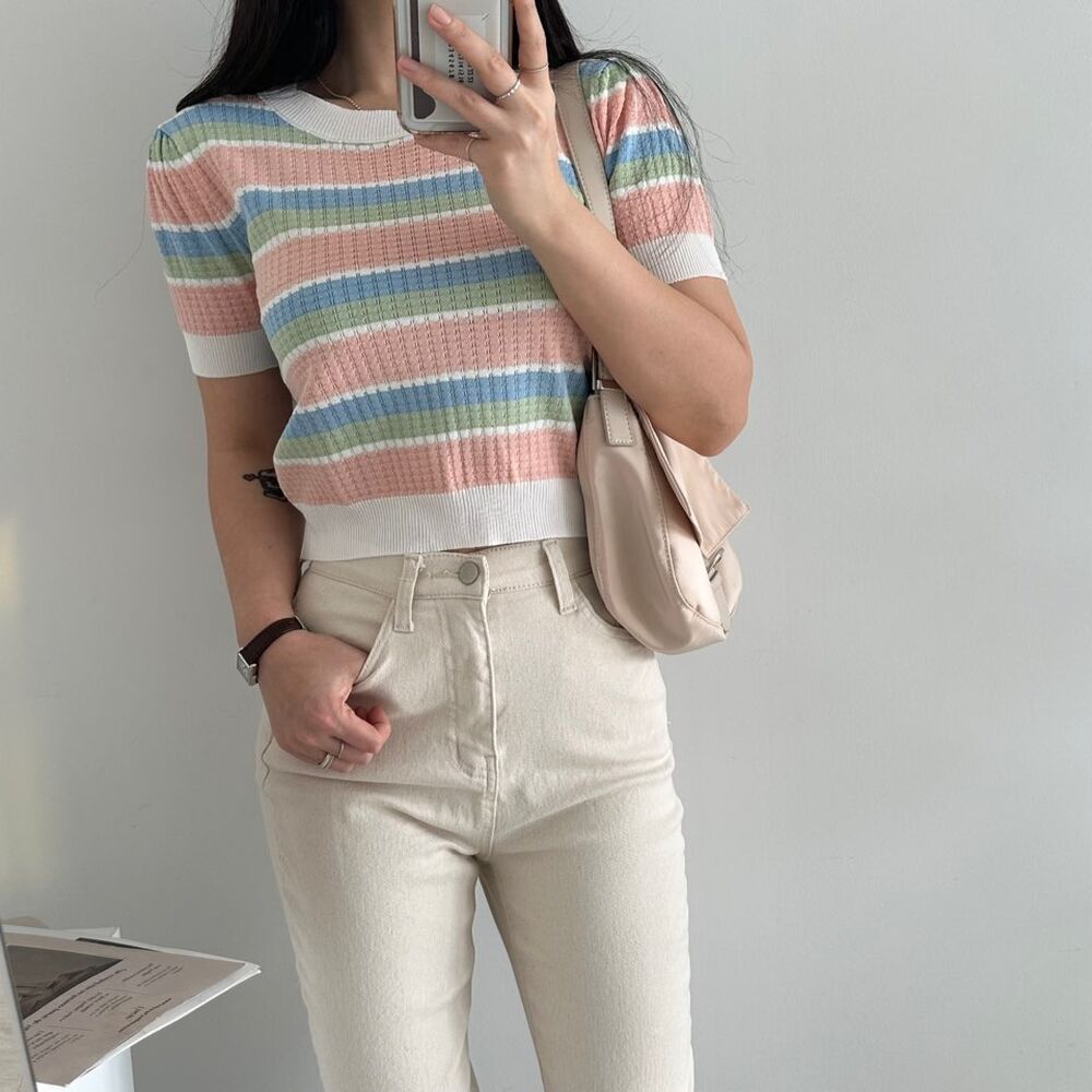 Fashion slim T-shirt round neck mixed colors tops
