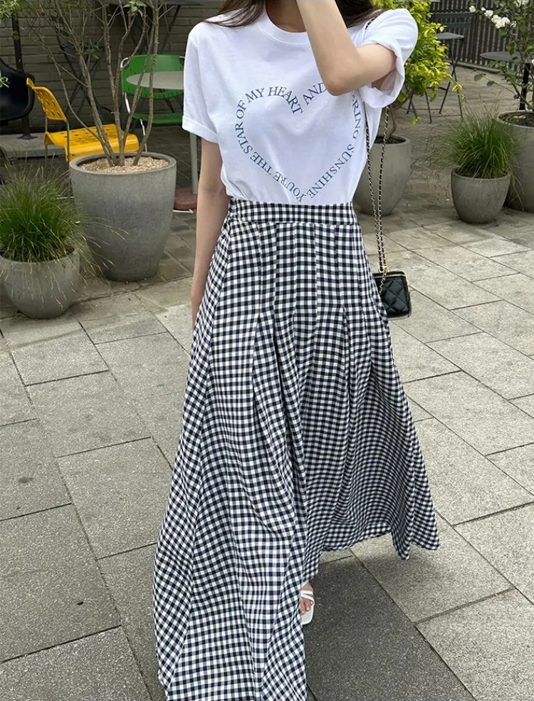 Light summer simple Korean style plaid all-match elastic skirt
