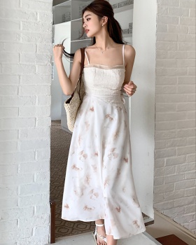 Splice printing dress spring and summer ink strap dress
