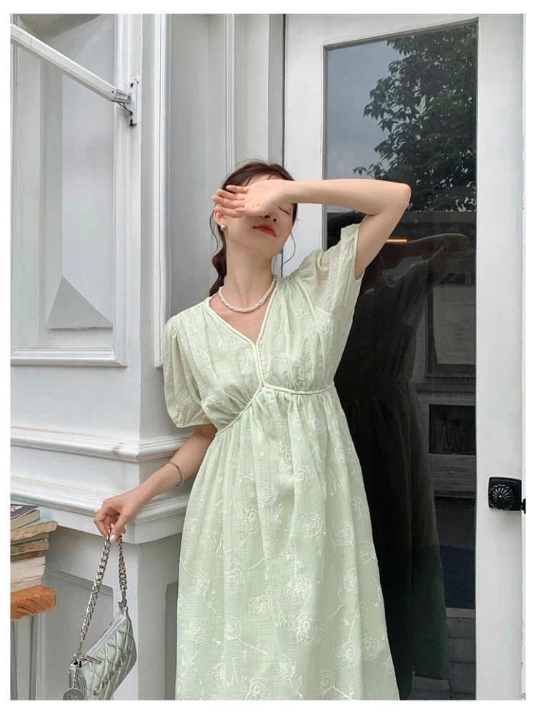 Printing Korean style summer fresh temperament V-neck dress